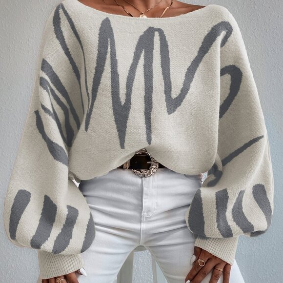 Multicolor Casual Women's Graphic Pattern Lantern Sleeve Sweater - Picture 6 of 7